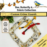 Custom grime guards with floral design and colorful handles on a white background, surrounded by decorative elements like bees, butterflies, and a bird.